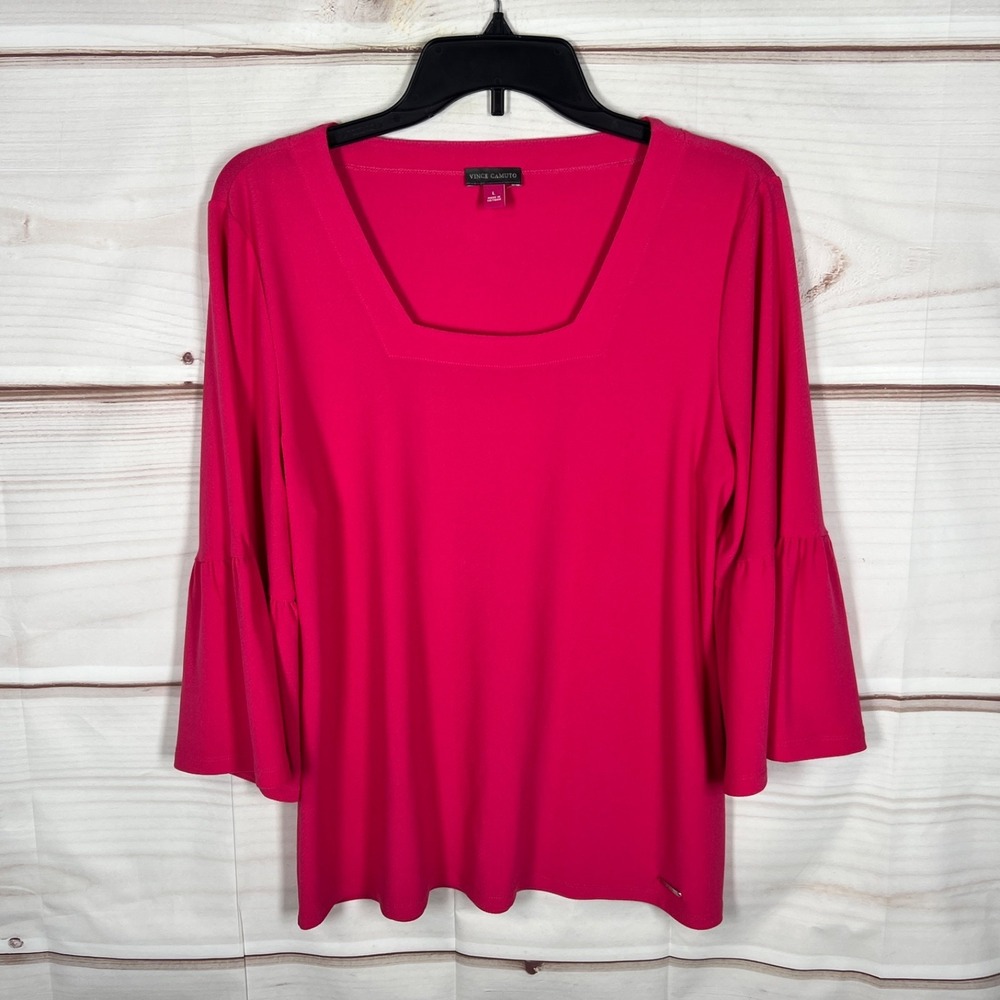 Vince Camuto Top Womens Large Pink Knit Blouse Bell Sleeve‎ Square Neck Stretch